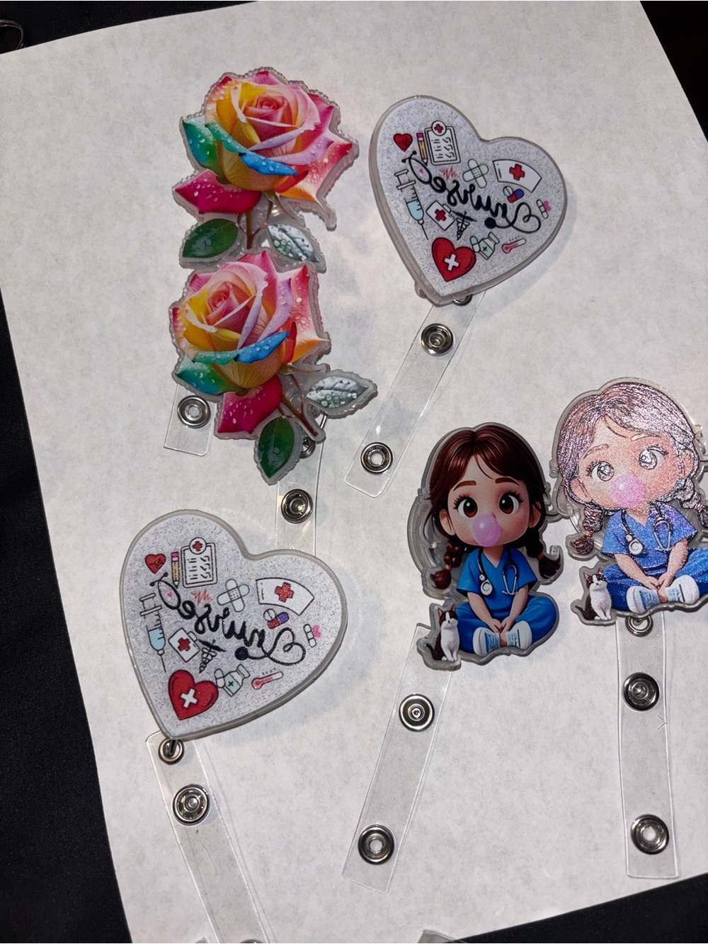 Cute Rainbow Rose & Nurse Badge Reel Set - Multicolor